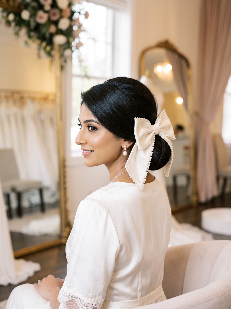 Pearl-Trimmed Bridal Bow Chignon