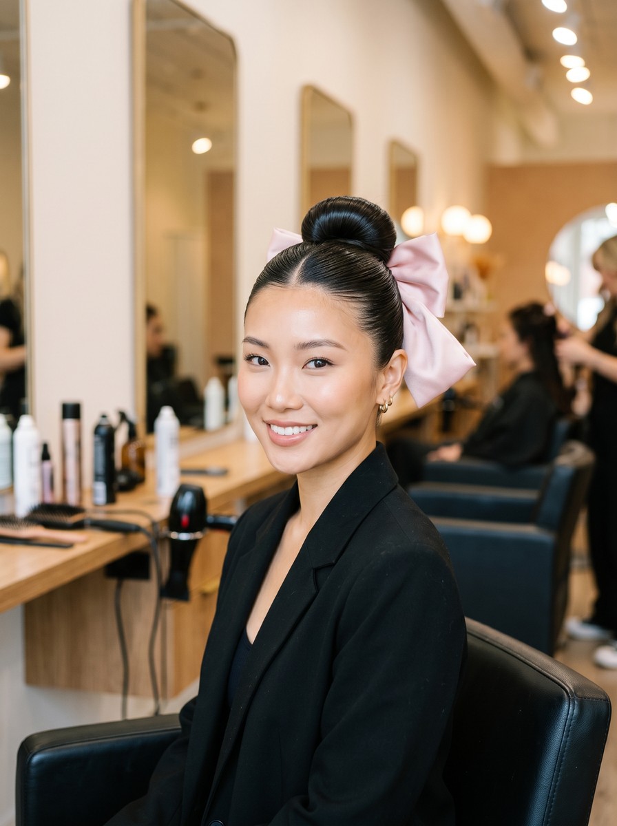 Sleek Ballet Bun with a Satin Bow