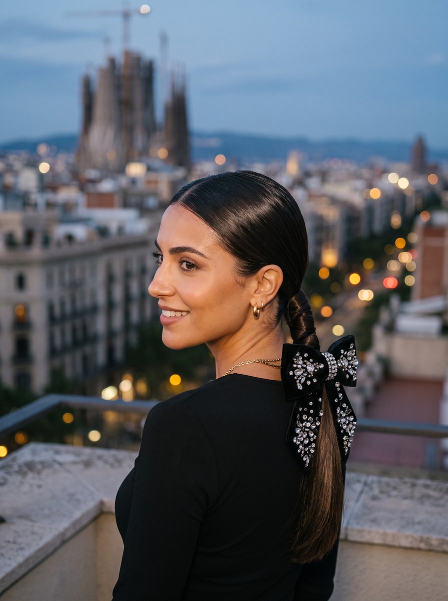 Day-to-Night Bow Swap on a Low Ponytail