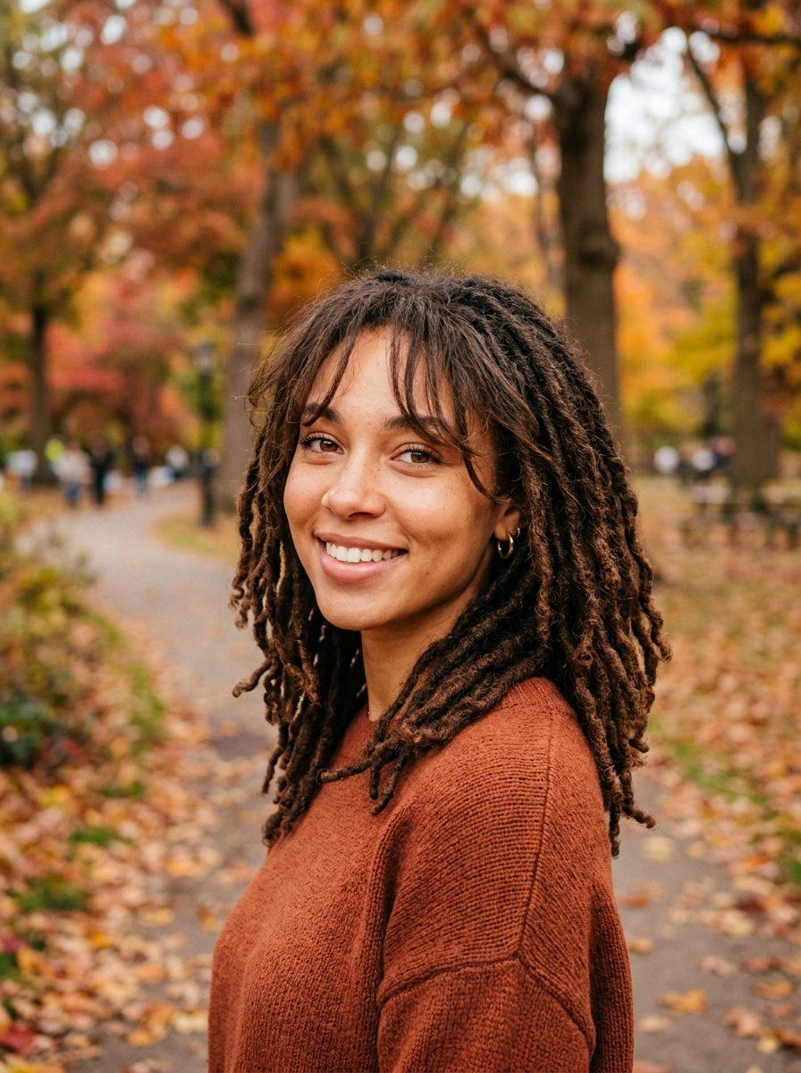Shoulder-Length Layered Locs with Wispy Curtain Bangs