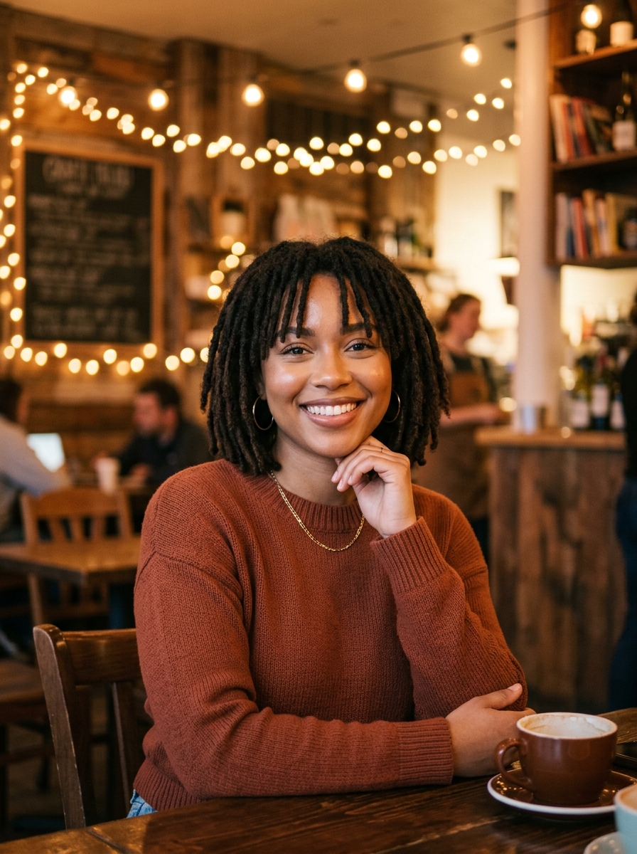 Jaw-Length Bob Locs with Center-Parted Curtain Bangs