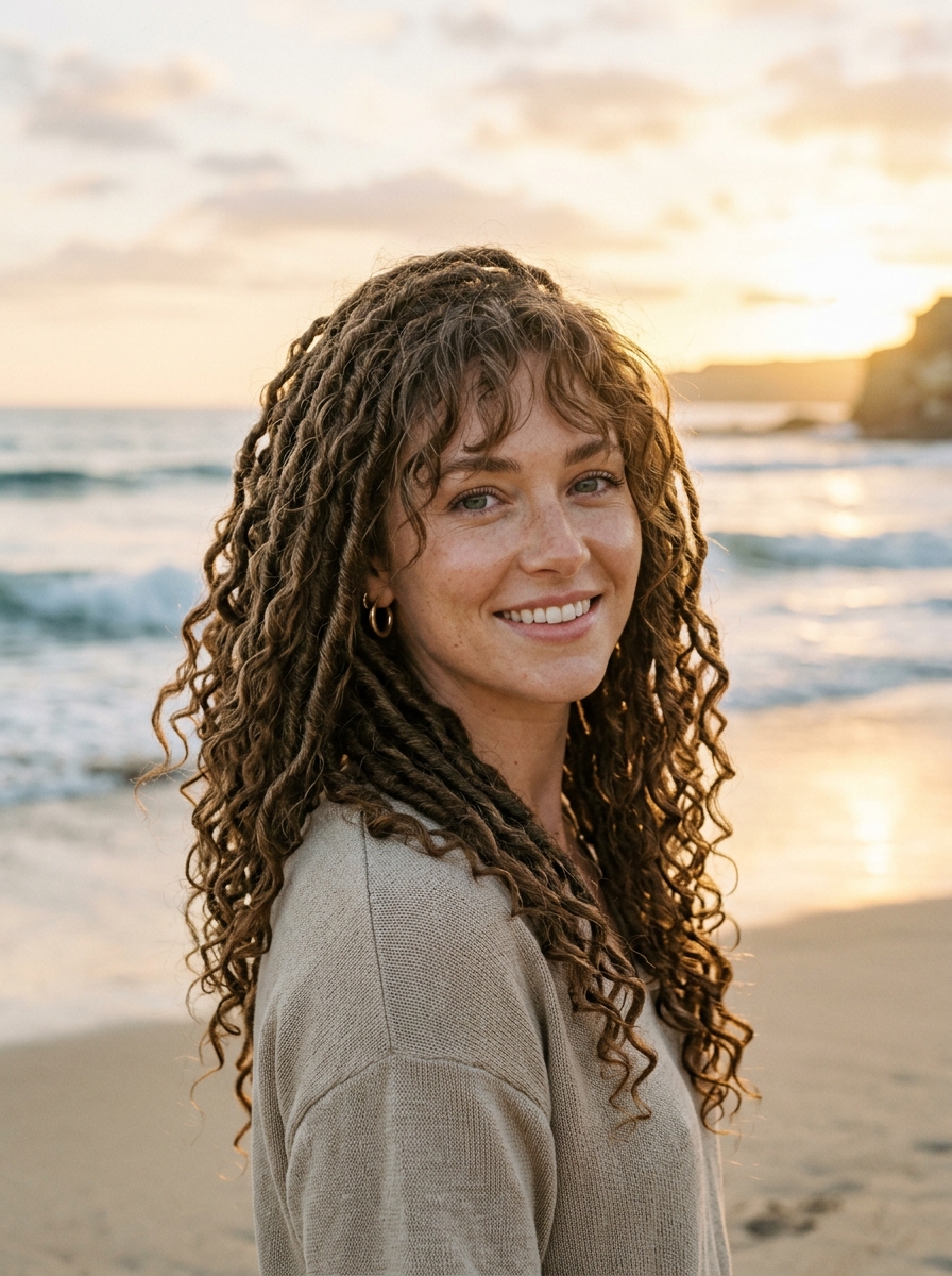 Loose Curly Faux Locs with Soft Curtain Fringe