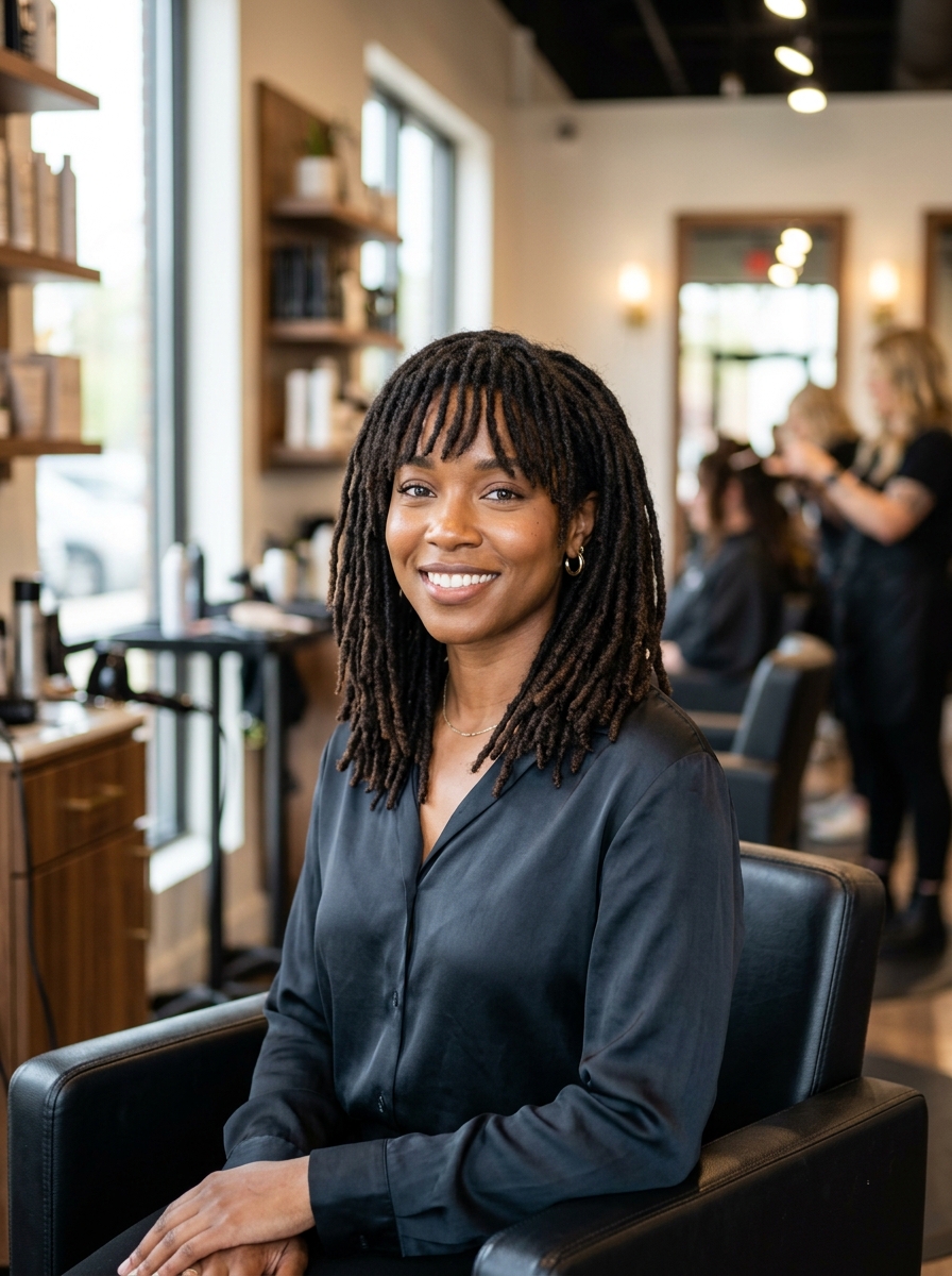 Blunt-Ends Short Locs with Rounded Curtain Bangs