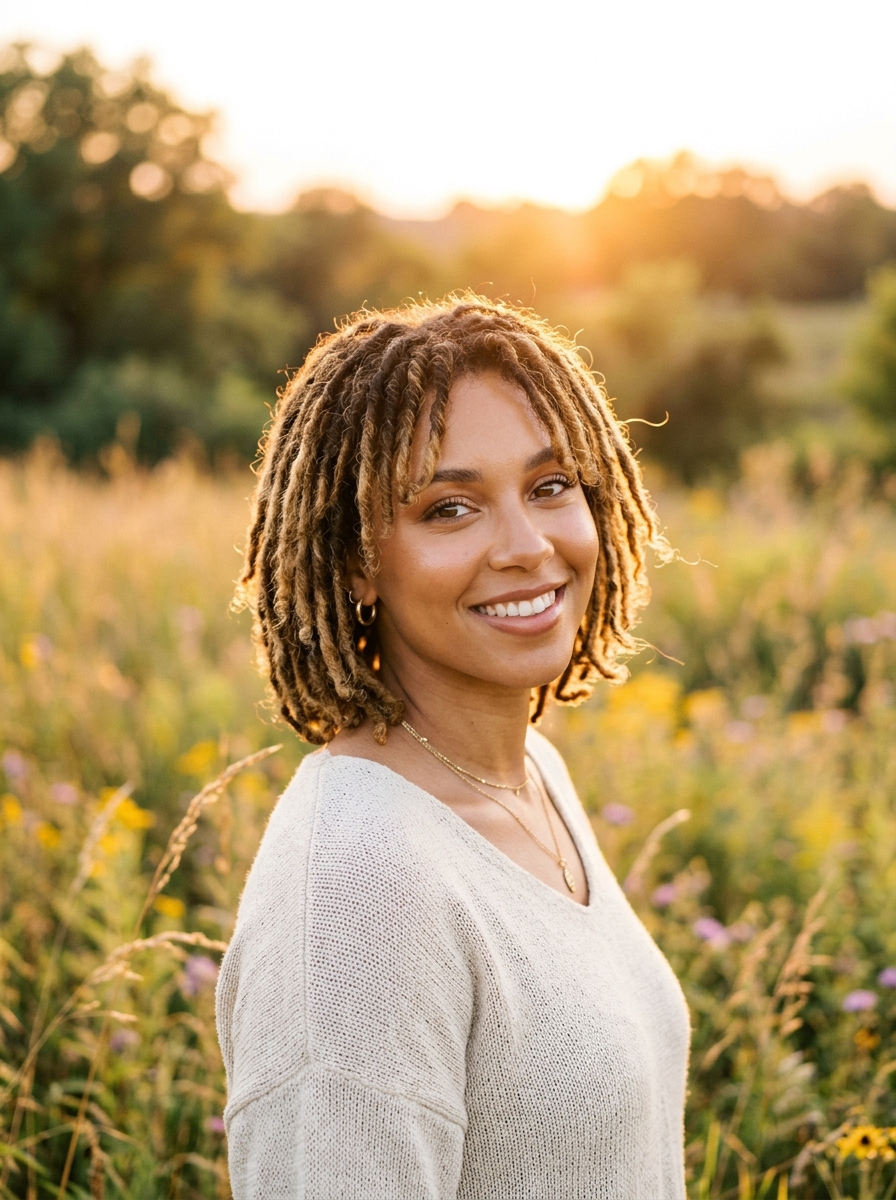 Honey-Blonde Highlighted Locs with Curtain Bangs