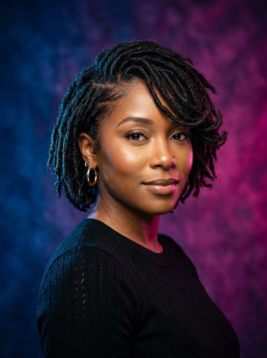 Asymmetrical Short Locs with Deep-Side Curtain Bangs