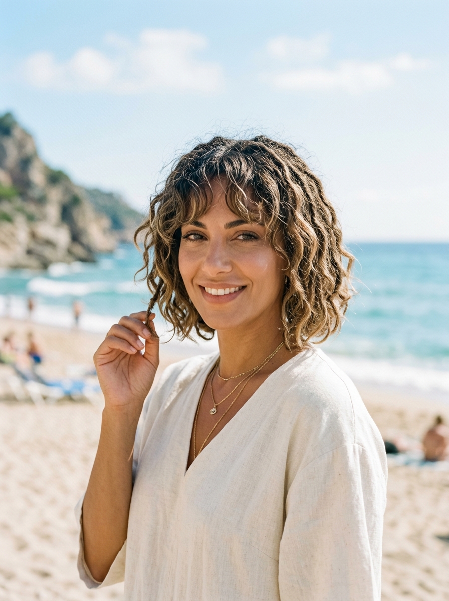 Wavy Short Locs with Beachy Curtain Bangs