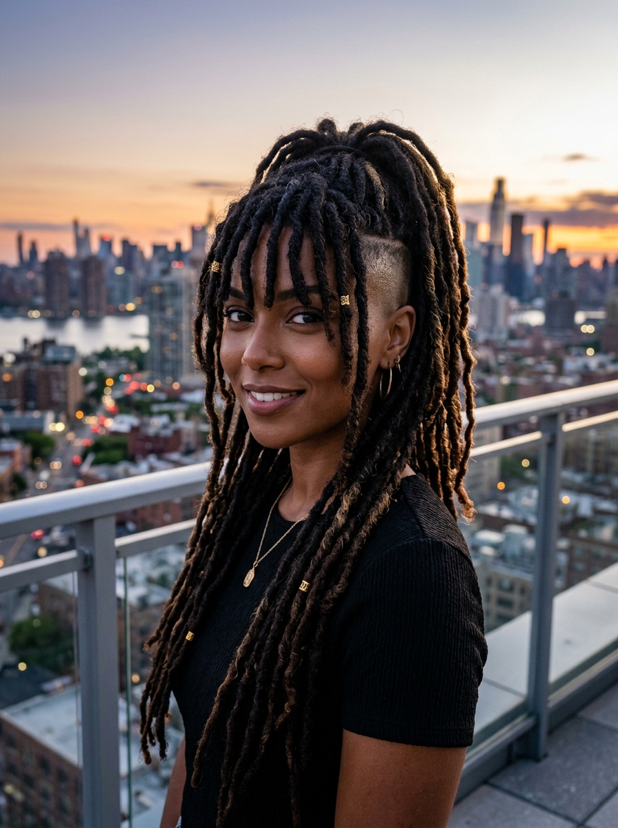 All-Around Undercut Locs with Long Curtain Bangs