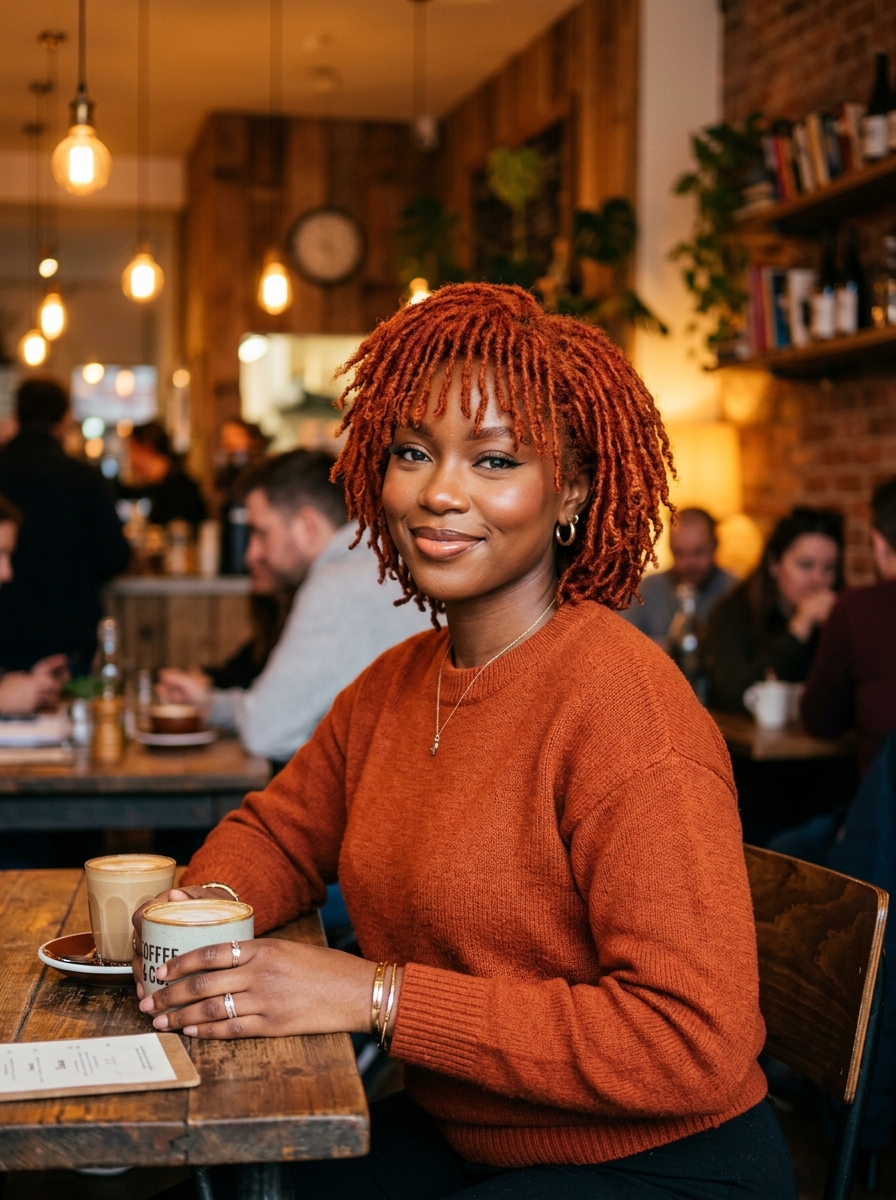 Copper Red Short Locs with Curtain Bangs