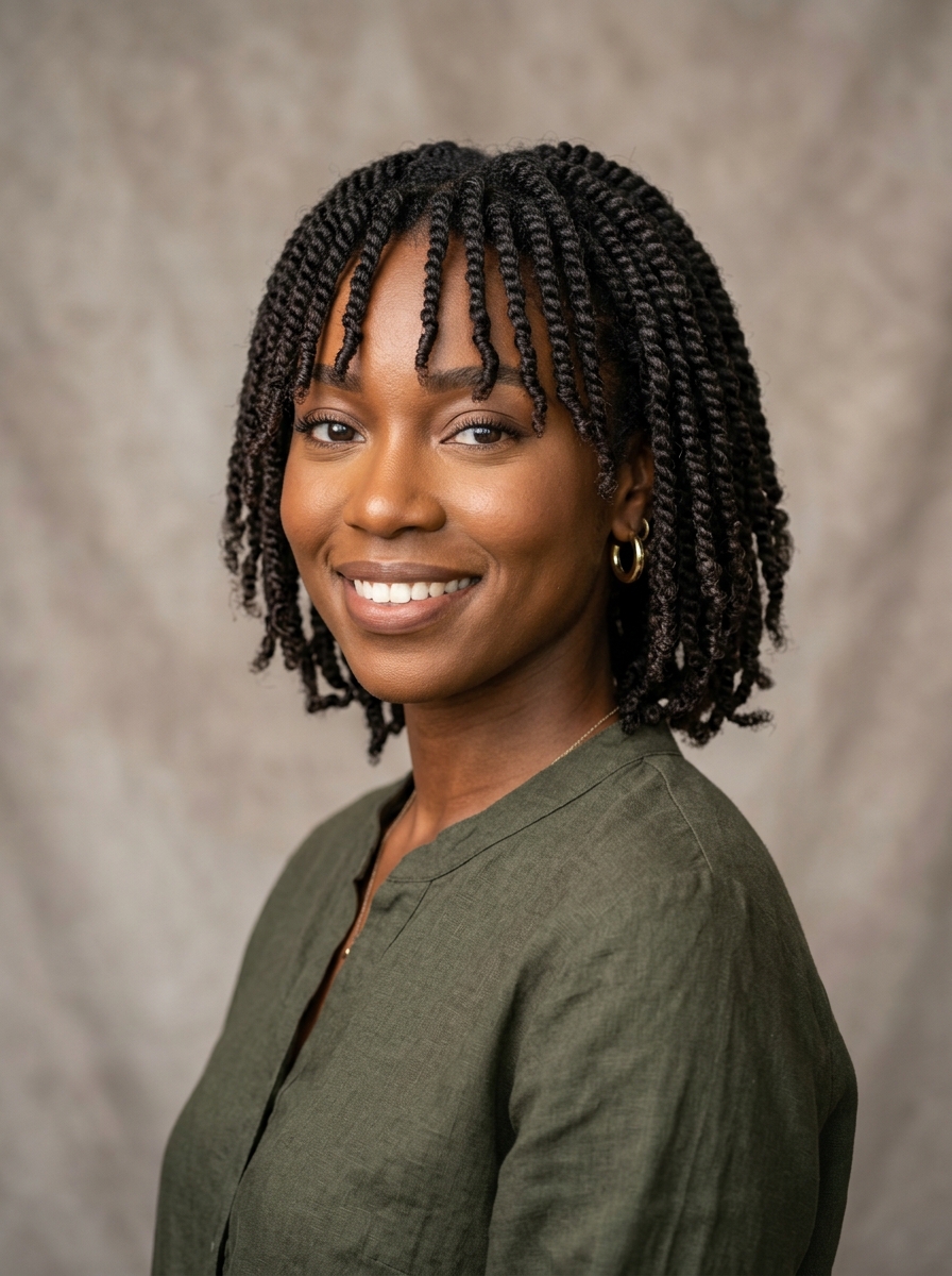 Two-Strand Twist Locs with Curtain Bangs