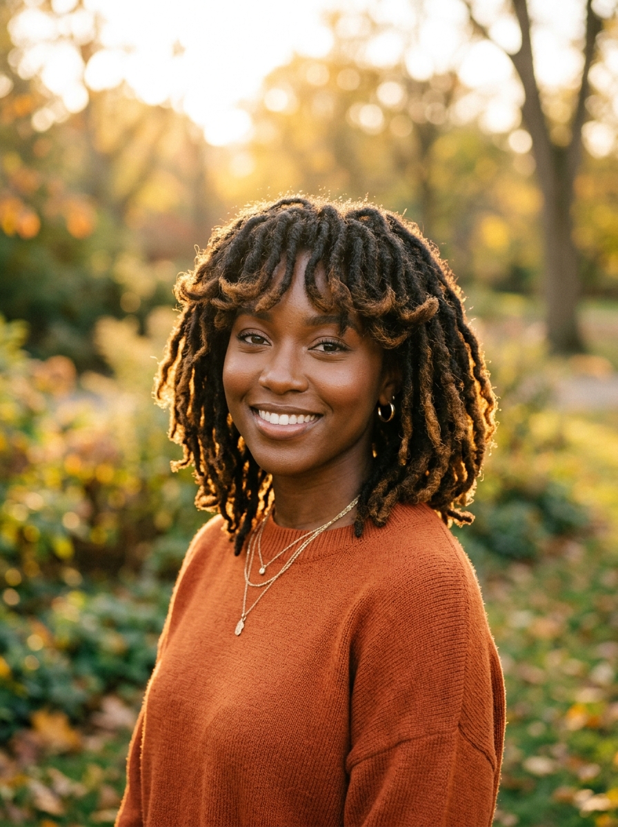 Retro 70s-Inspired Short Locs with Feathered Curtain Bangs