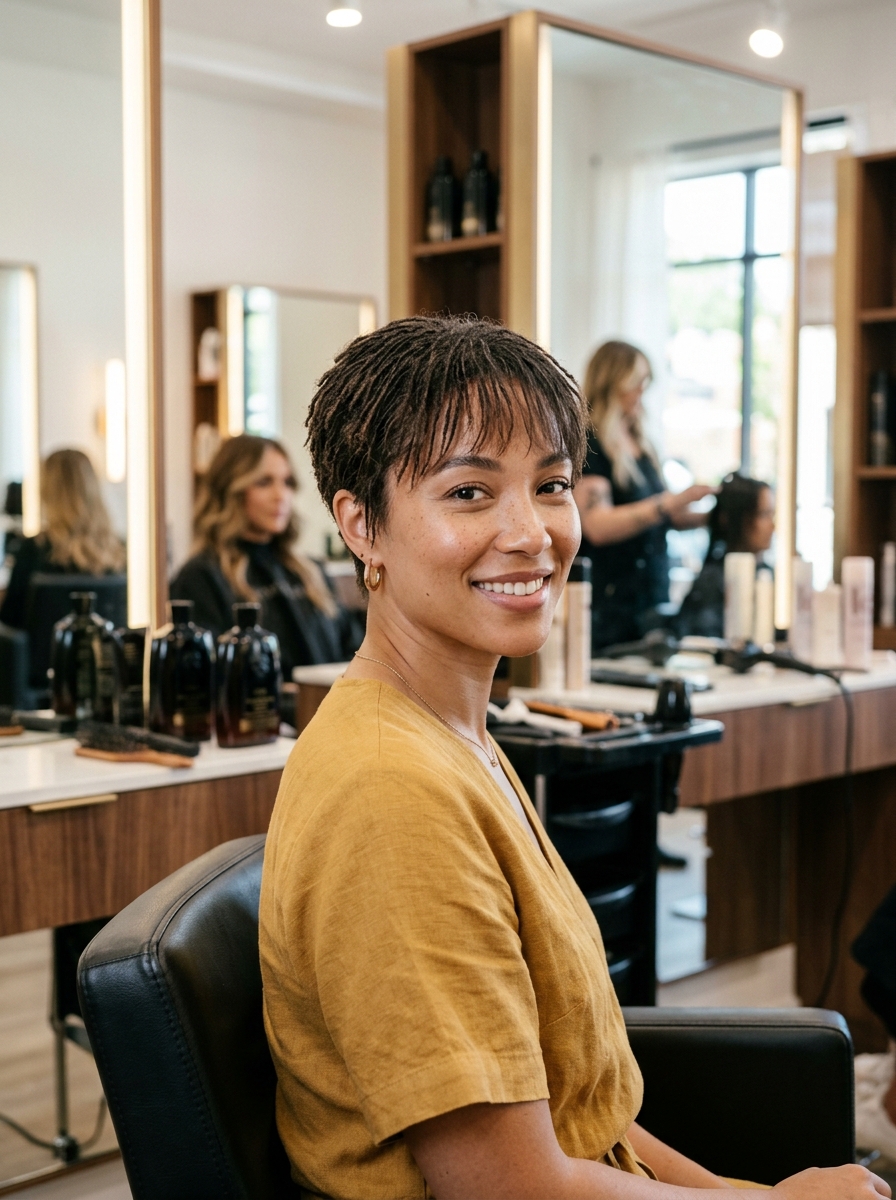 Ultra-Cropped Sisterlocks with Wispy Curtain Fringe