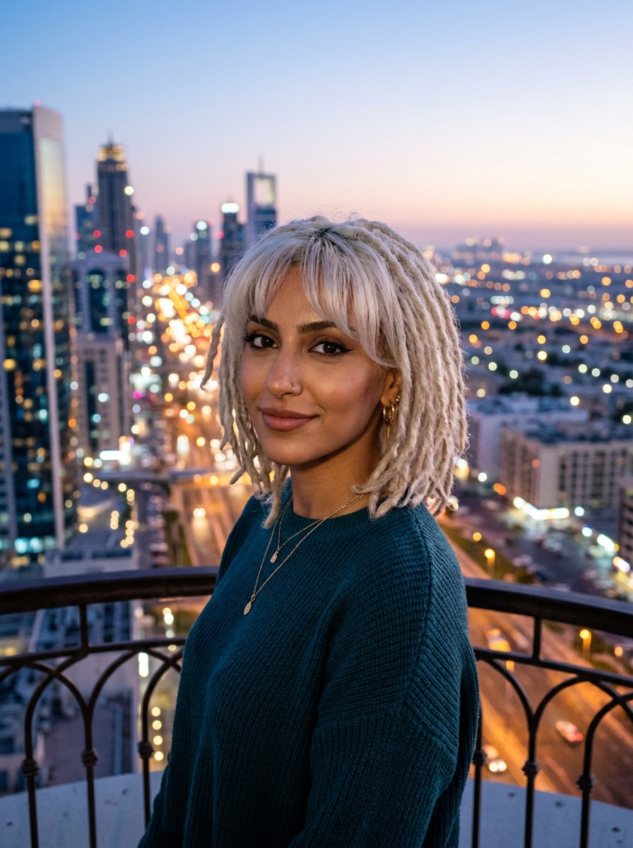 Platinum Blonde Short Locs with Curtain Bangs