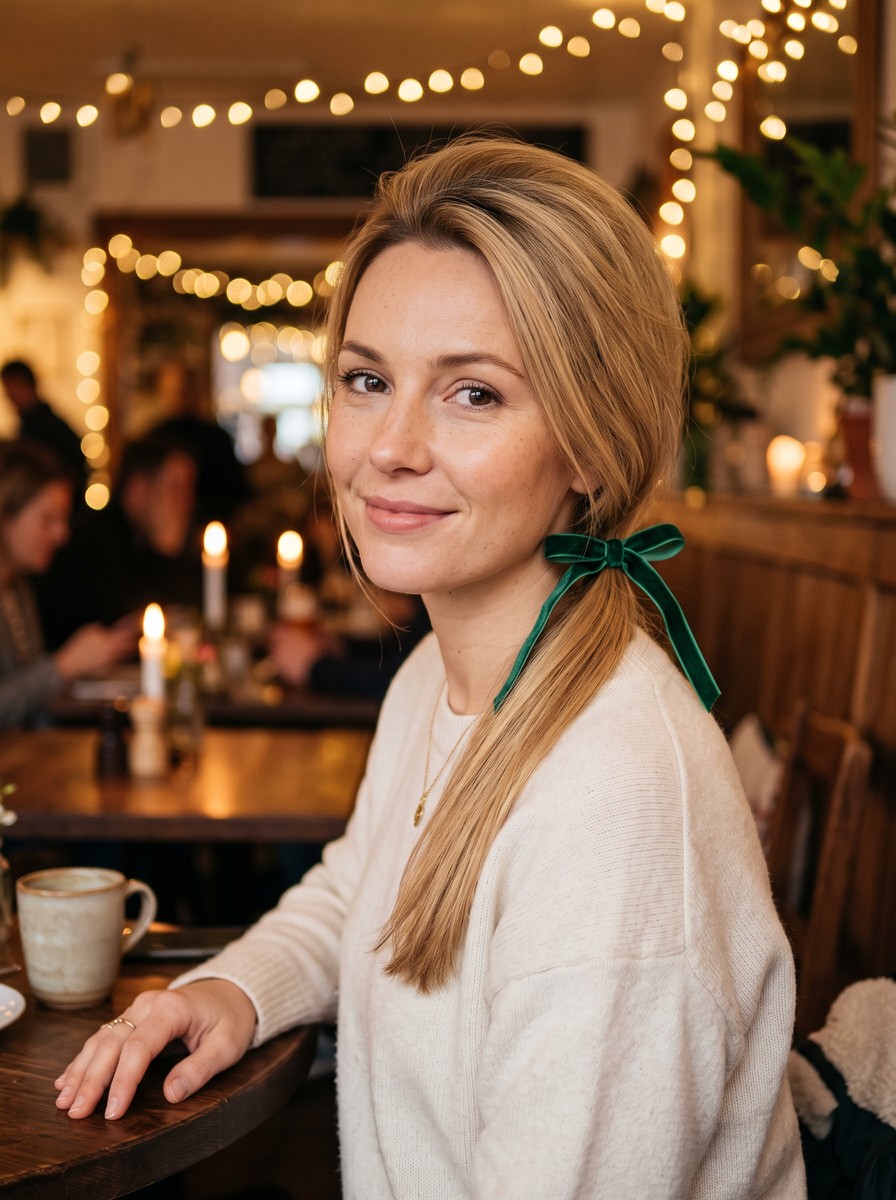 Bow-Tied Low Ponytail With a Slim Ribbon