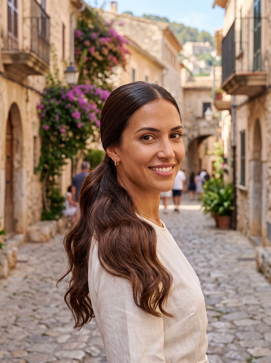 Low Sleek Ponytail With Waterfall Lengths