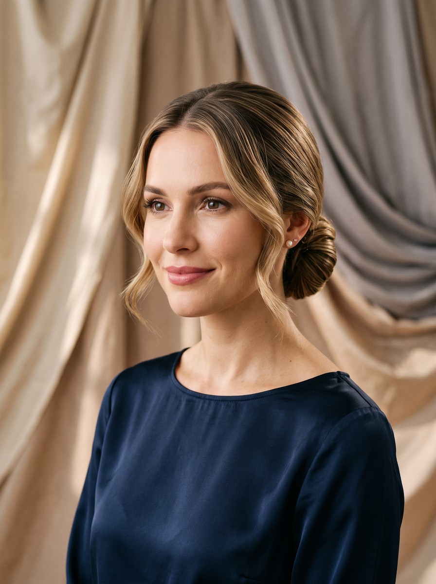Sleek Low Chignon with Face-Framing Waves