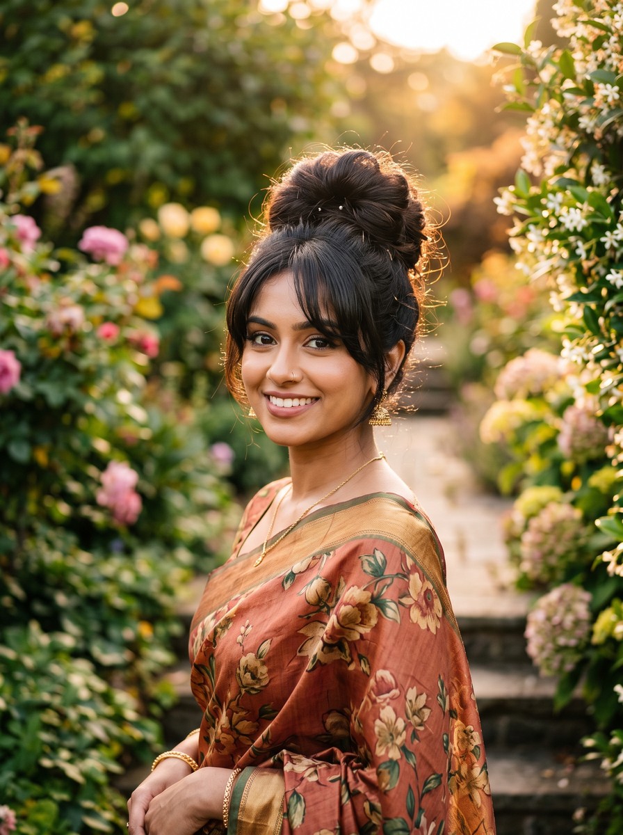 Voluminous High Bun (Topknot) with Soft Bangs