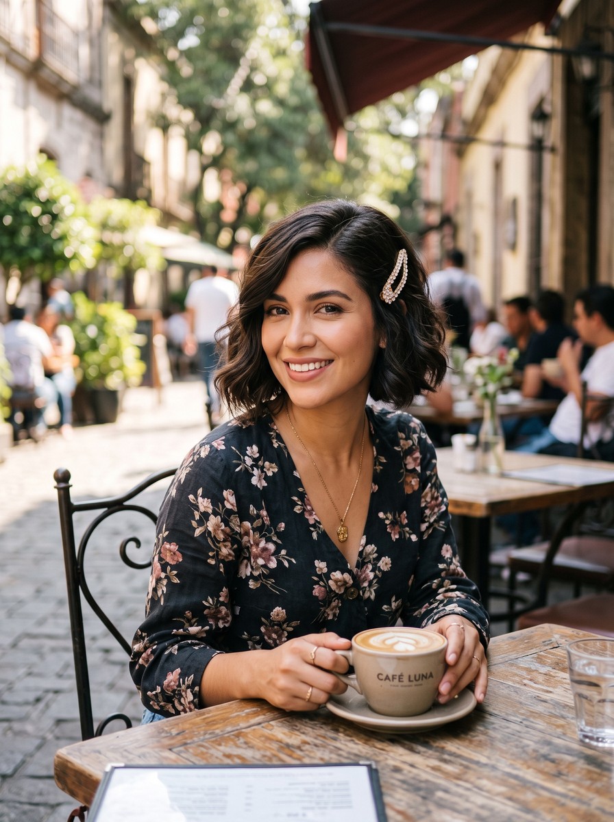 Chin-Length Bob with Deep Side Part & Jeweled Clip