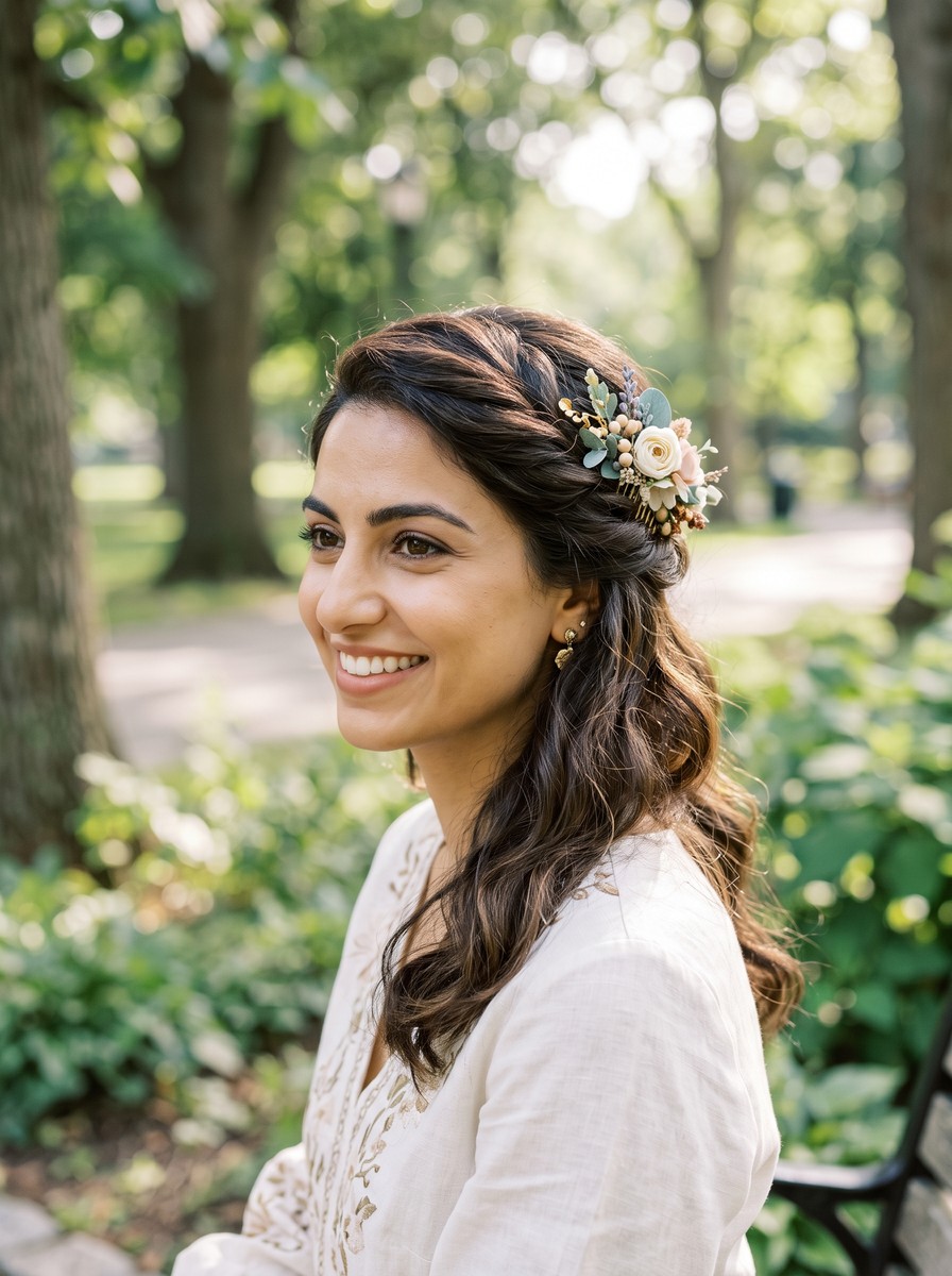 Side Twist Half-Up with Floral Comb