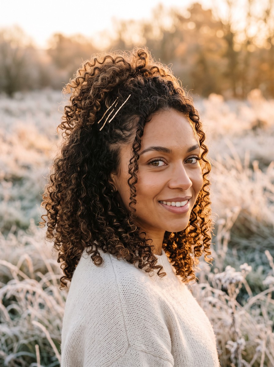 Gold-Pinned Curly Half-Up