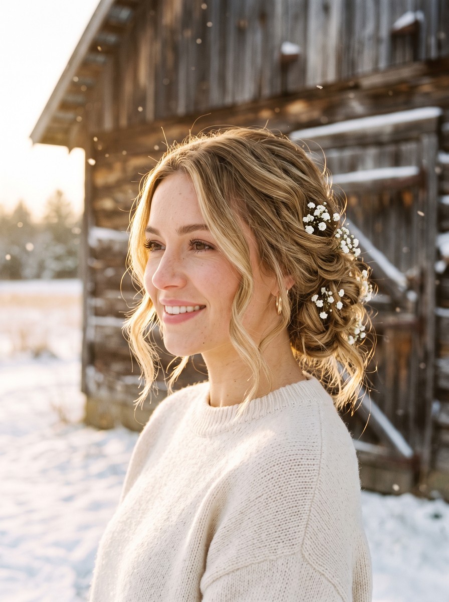 Cabin-Chic Messy Bun with Baby's Breath