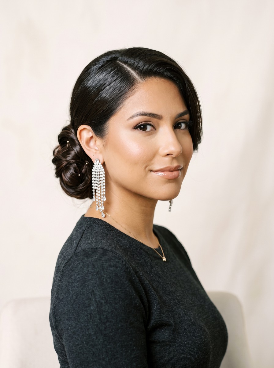 Side-Swept Chignon with Statement Earrings