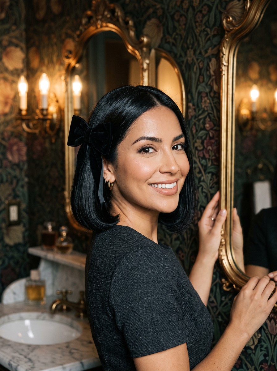 Glossy Black Bob with a Velvet Bow