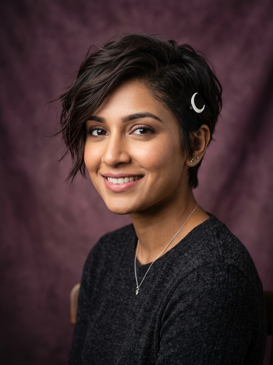 Tousled Pixie with a Single Crescent Clip