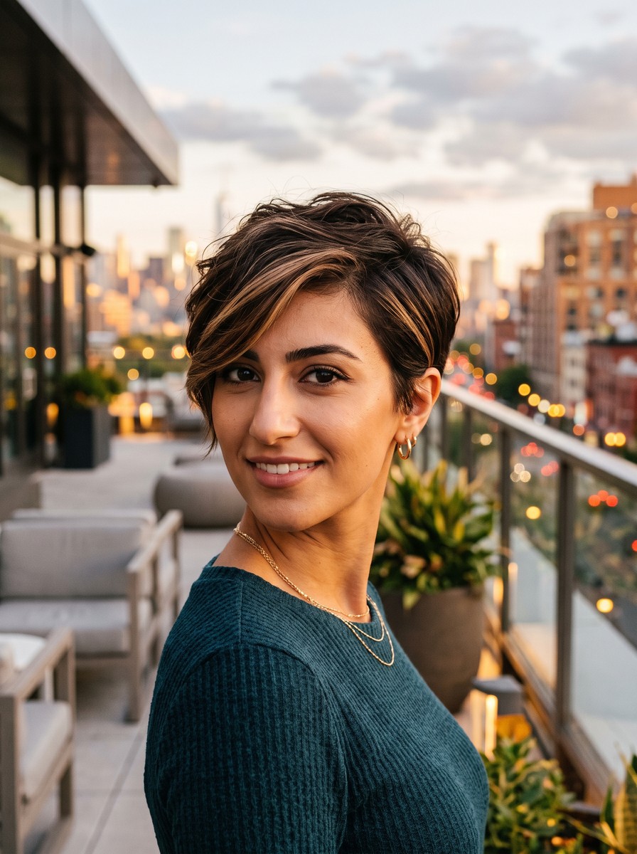 Brow-Level Caramel Ribbons on an Espresso Pixie