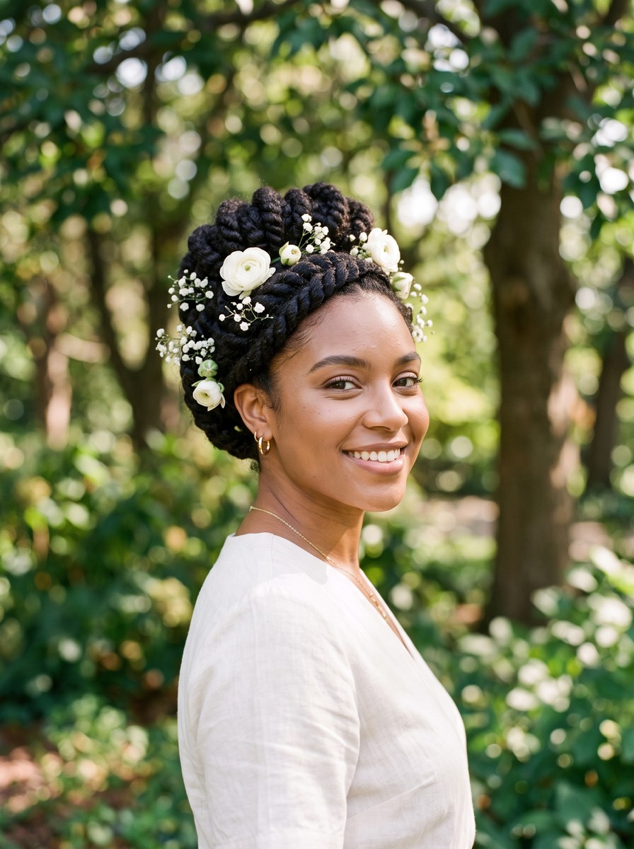 Chunky Flat-Twist Updo with Fresh Flowers