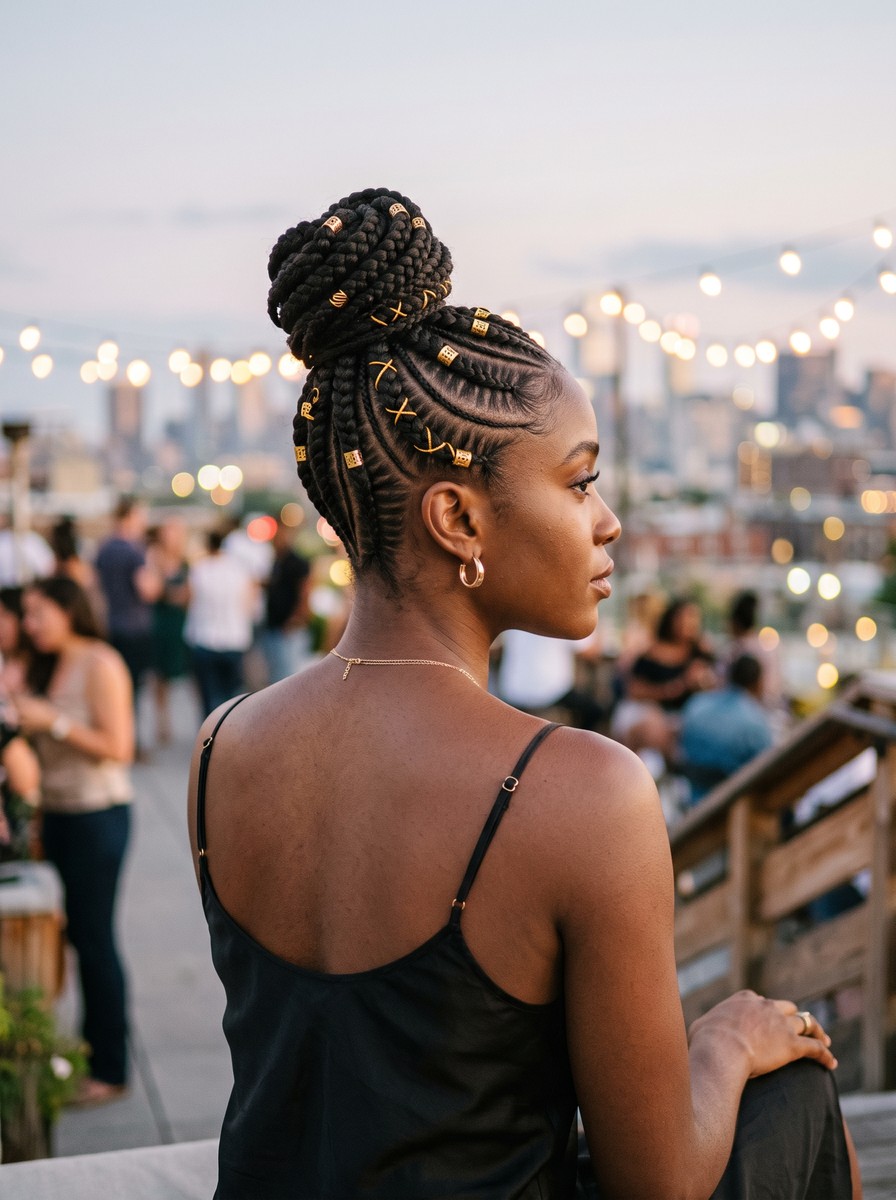 Feed-In Cornrow Updo with Gold Cuffs