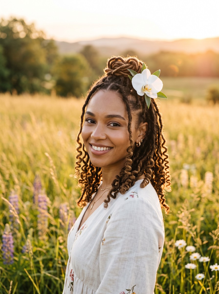 Half-Up Locs with Heatless Spiral Curls