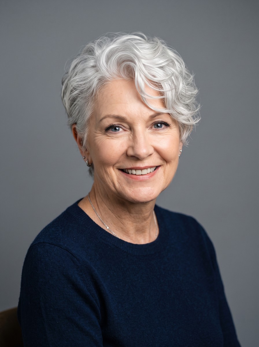 Silver Wavy Pixie with a Swept Fringe