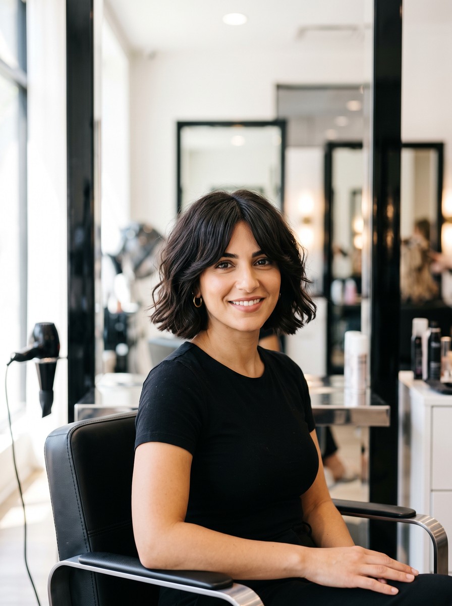Curtain Bangs on a Chin-Length Thick Bob