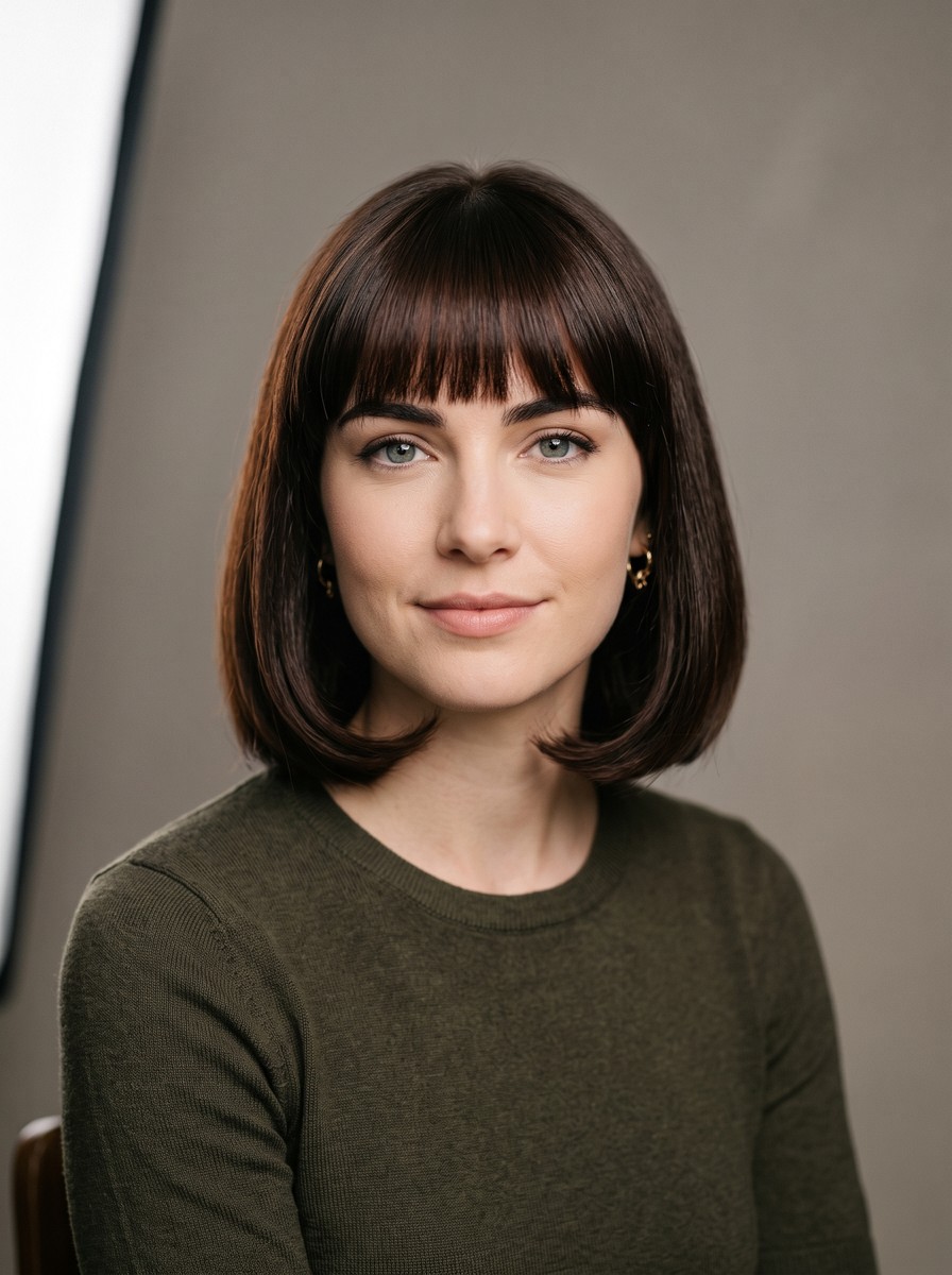 Classic Jaw-Length French Bob with Brow-Grazing Fringe