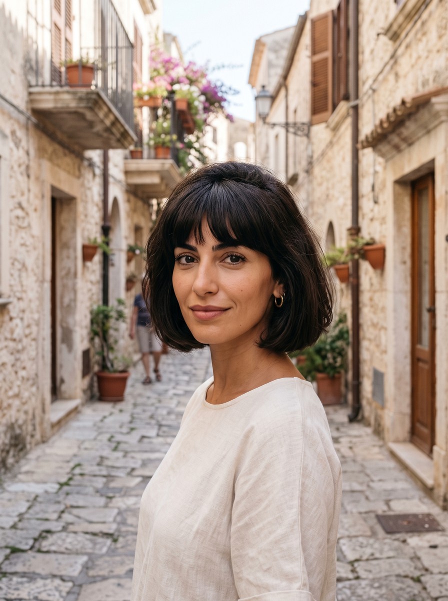 Deep-Fringe Lip-Length French Bob for Long Faces
