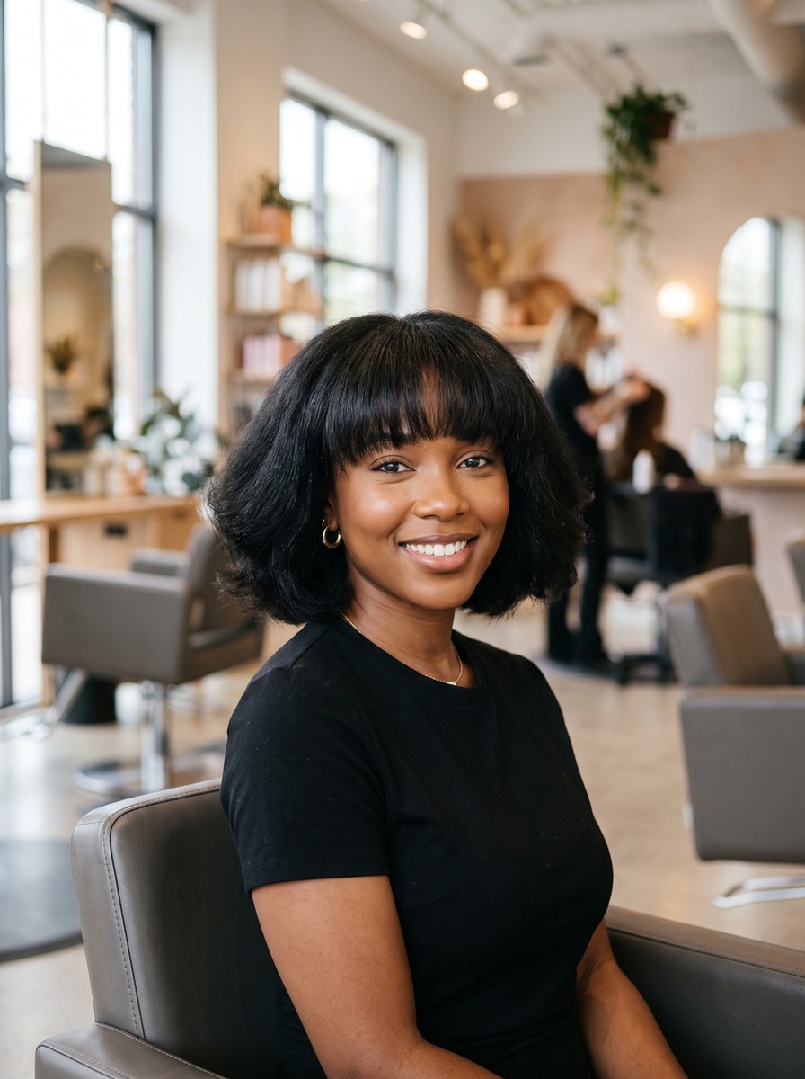 Blow-Stretched 4C Bob With a Brow Fringe