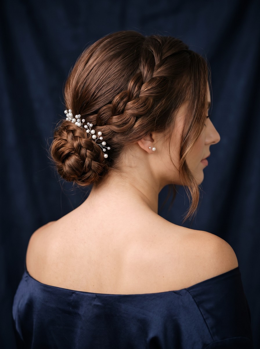 Formal Dinner Low Braided Chignon with Silver Pins