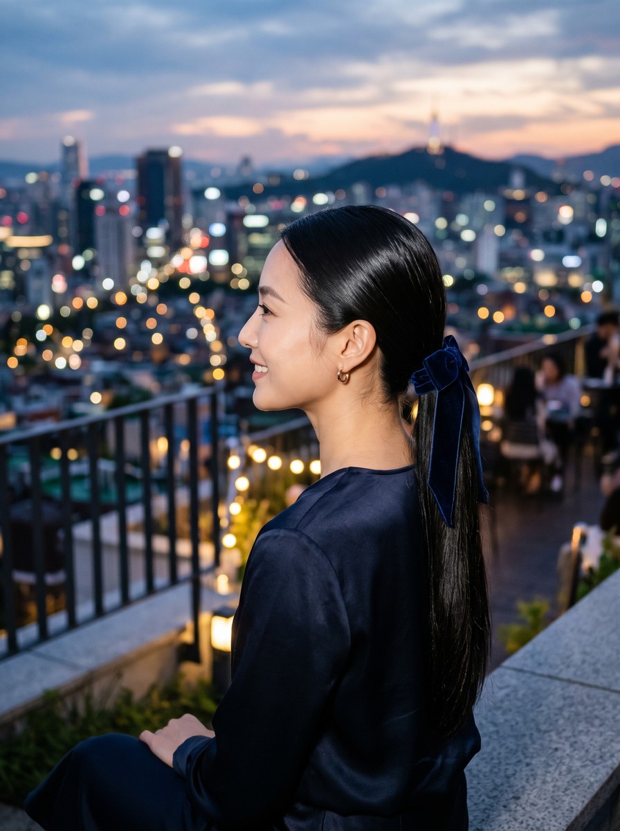 Midnight Velvet Bow Sleek Low Ponytail
