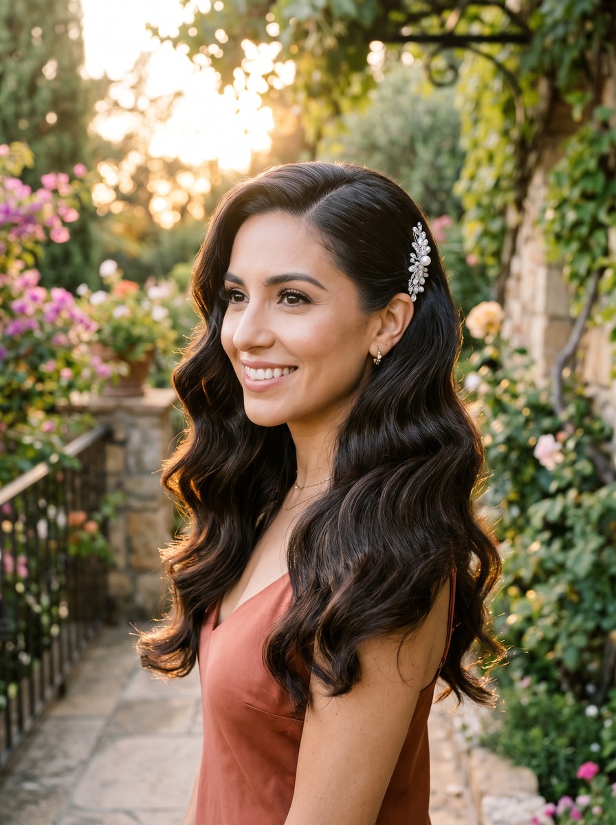 Side-Swept Hollywood Waves with a Crystal Slide