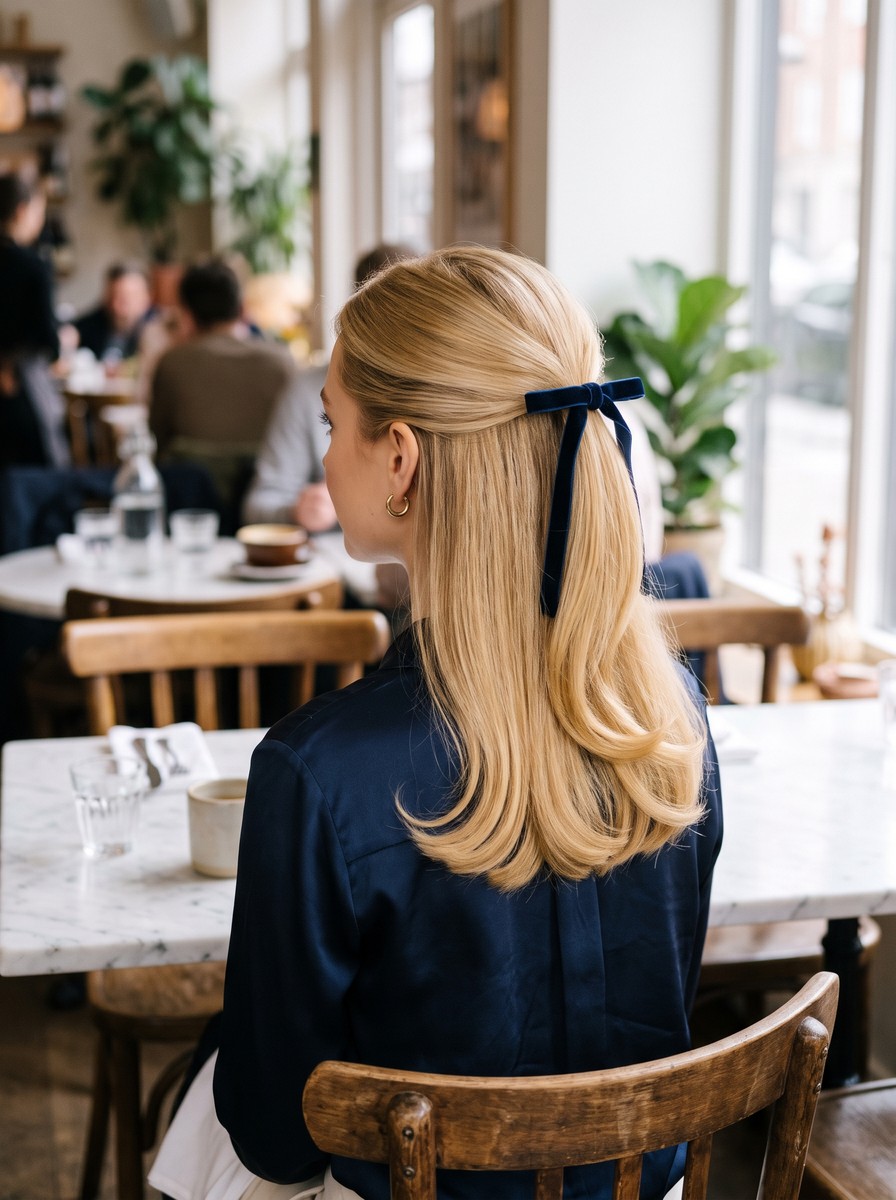 Office-Party Half-Up with a Slim Navy Bow