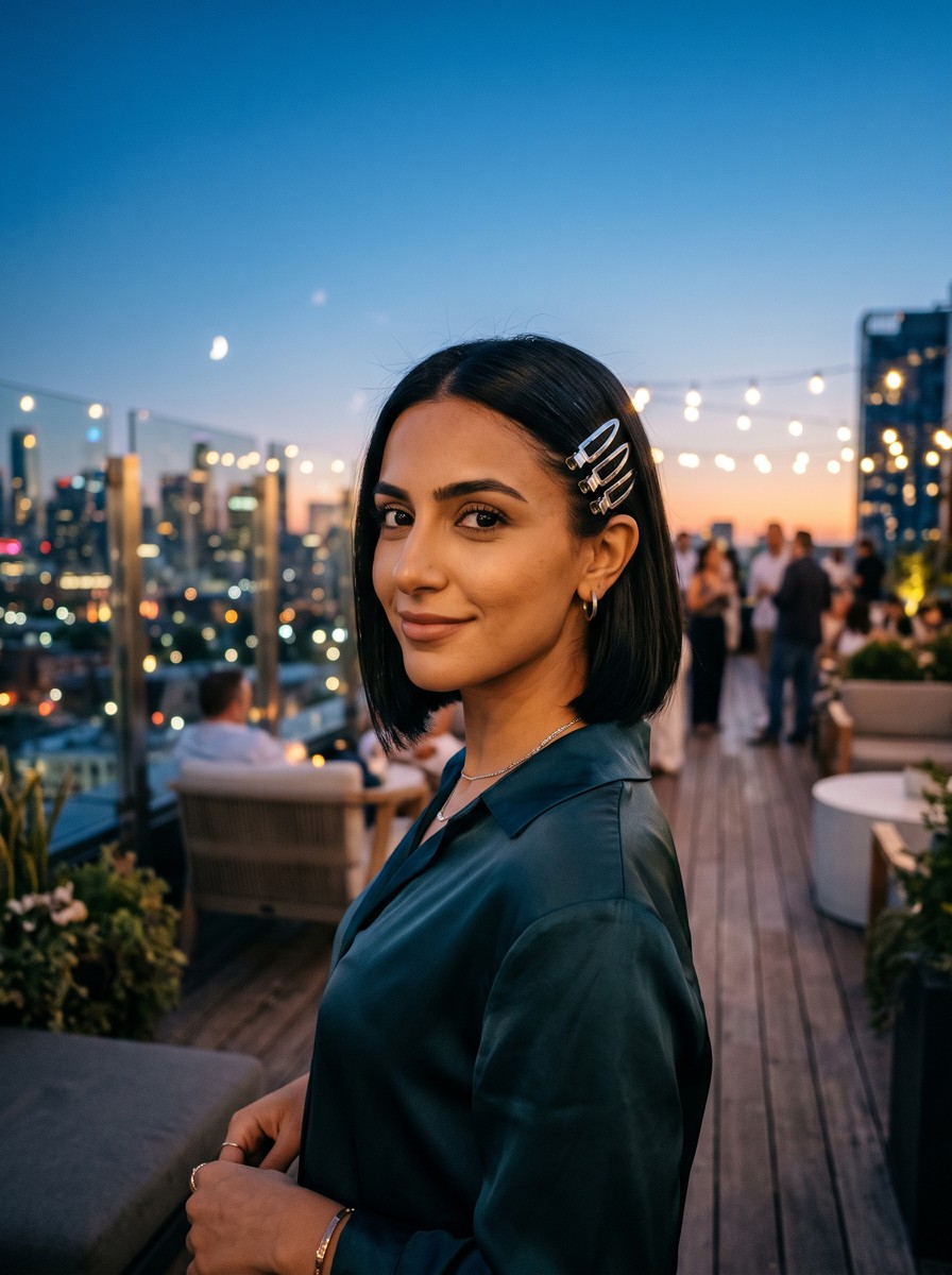 Tucked Chin-Length Bob with Stacked Silver Slides