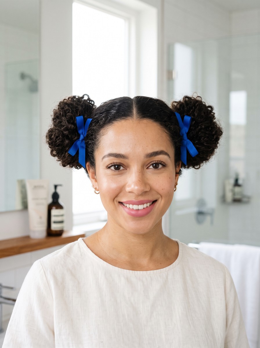 Double Buns with Short Blue Ribbons
