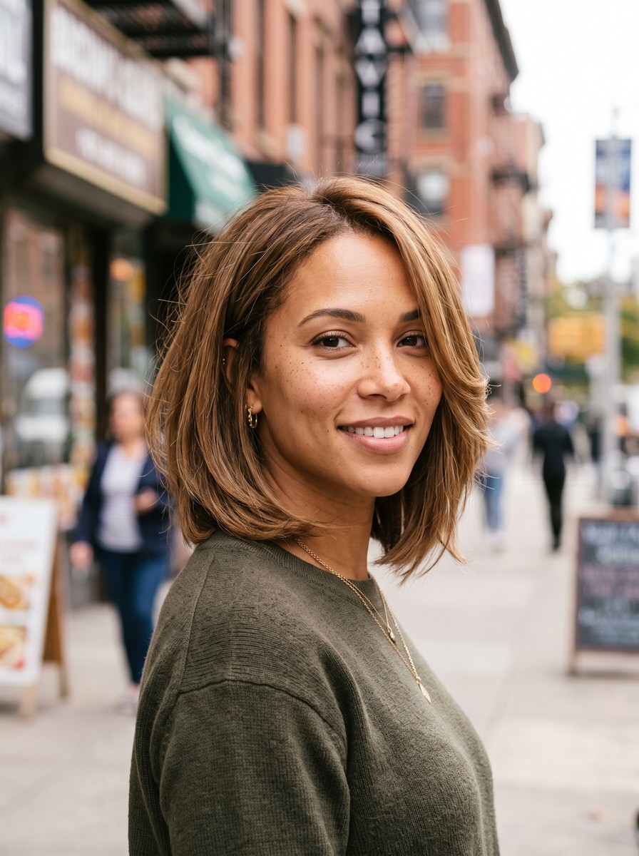 Subtly Angled Lob with Chin-Length Layers