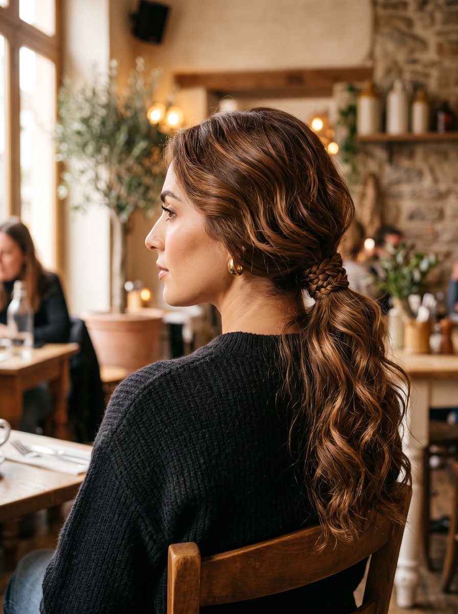 Braid-Wrapped Low Ponytail