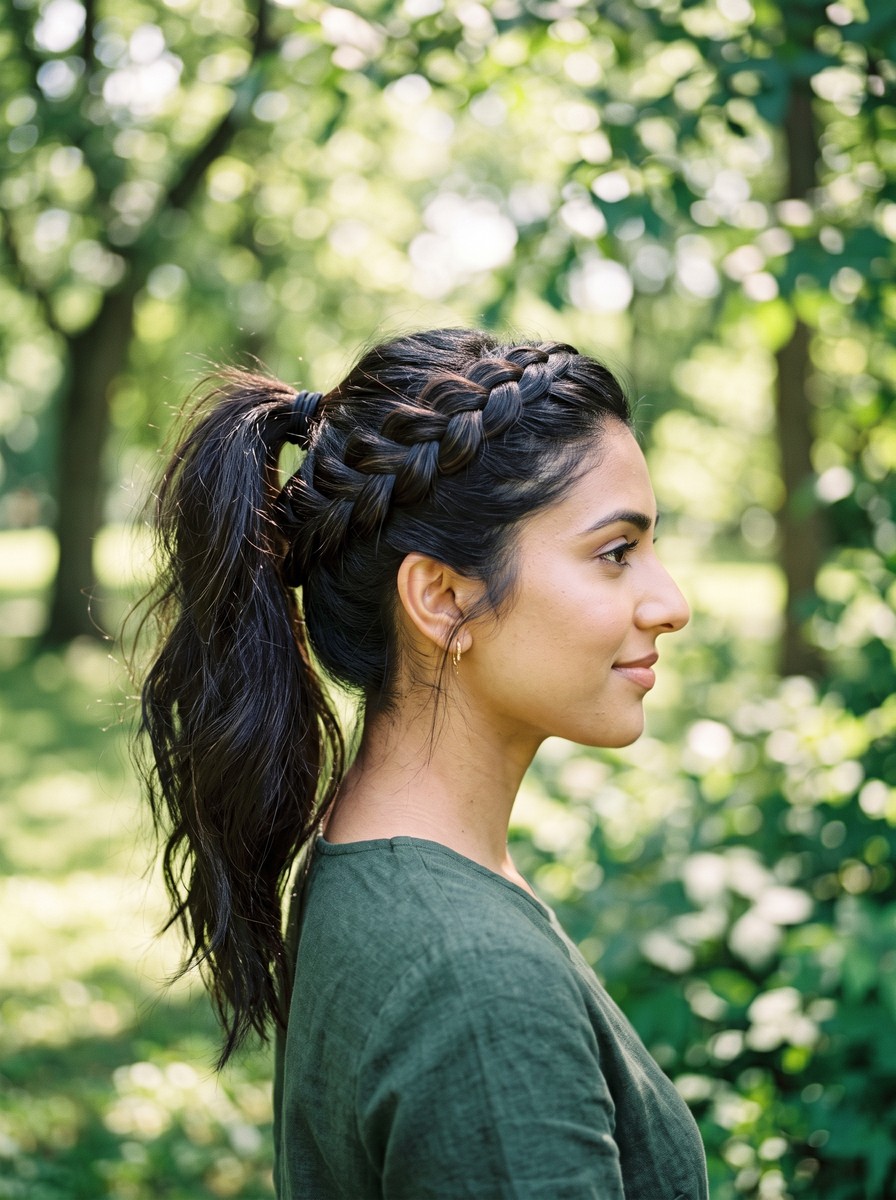 Pancaked Dutch-Braid Crown Ponytail