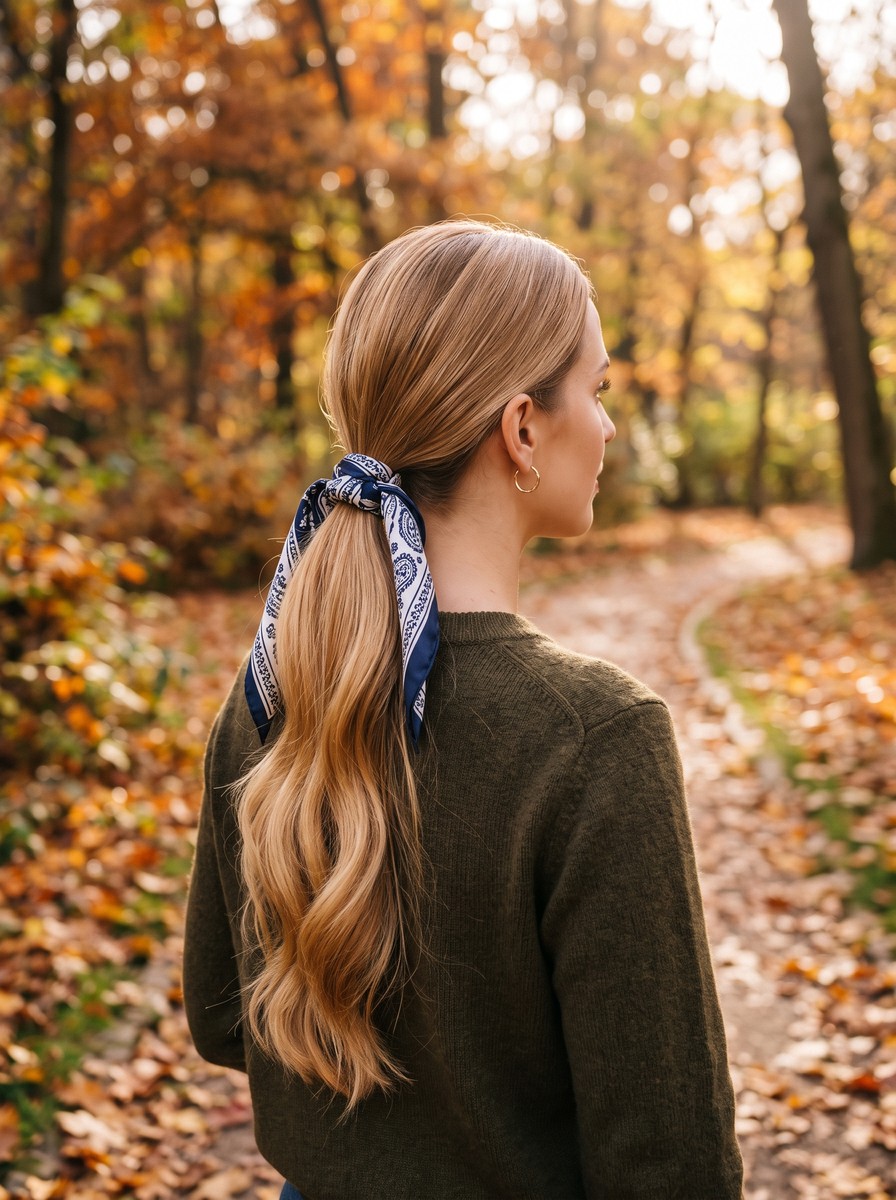 Silk Scarf Knotted Around a Low Ponytail