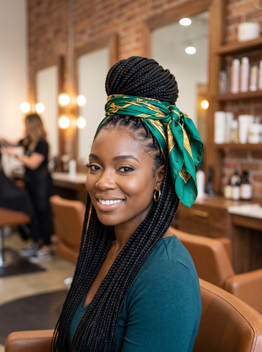 Scarf-Wrapped High Bun for Box Braids