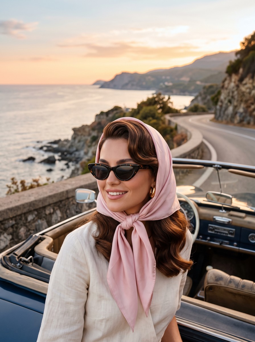 Retro Driving Scarf Over Pin-Curl Waves