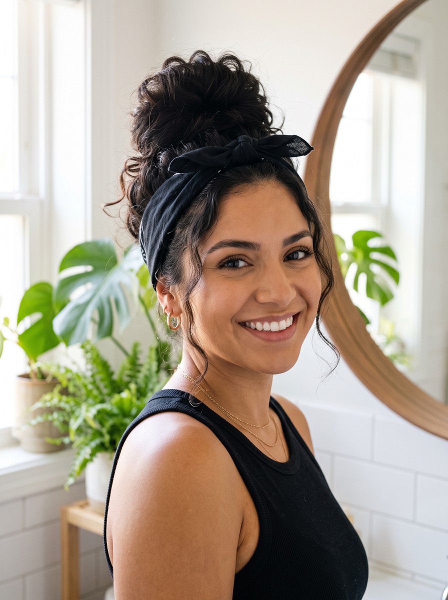 Front-Knot Bandana Over a Messy Top Knot