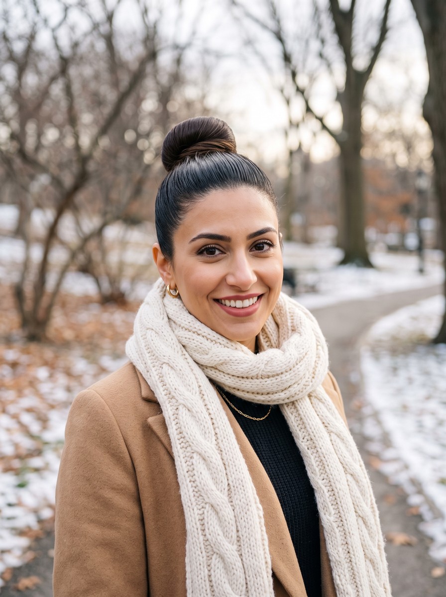 High Sleek Bun for Chunky Knit Scarves